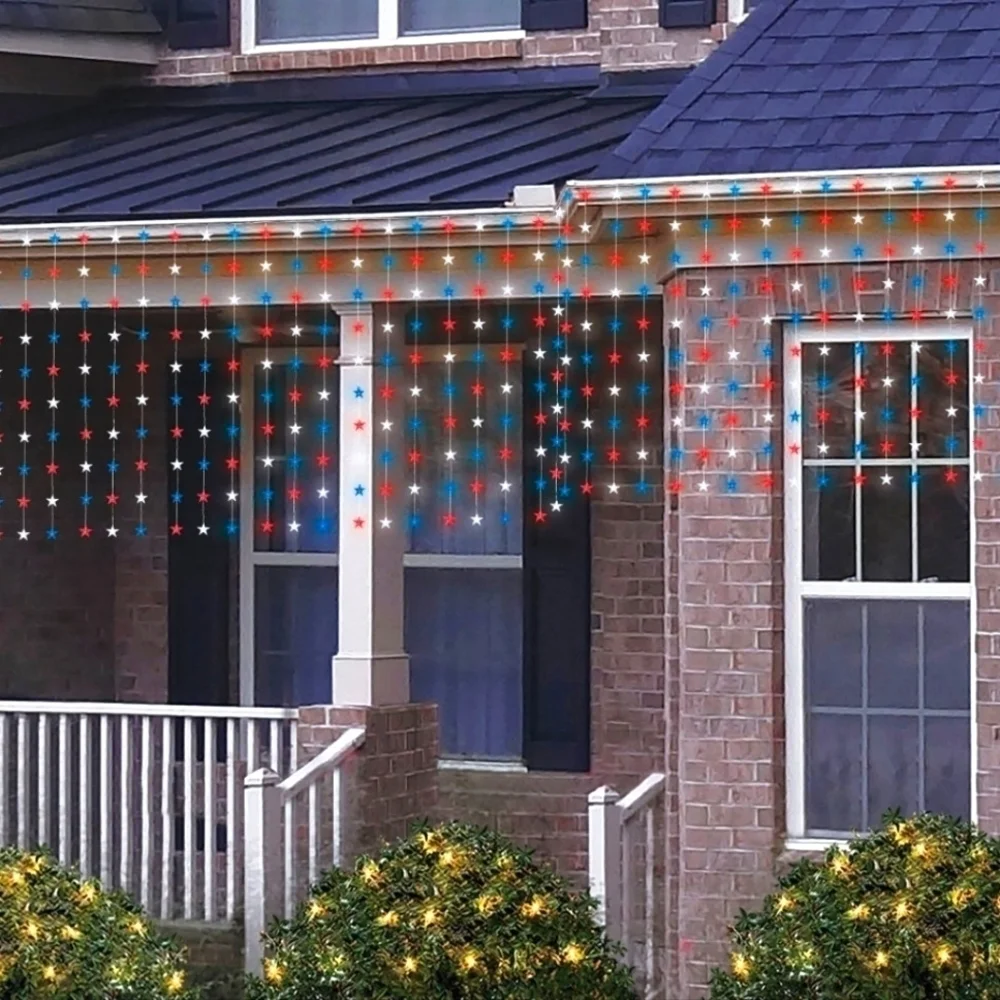 NWT Patriotic 60-Count 8-Function Battery-Operated LED Star Curtain Lights LOT